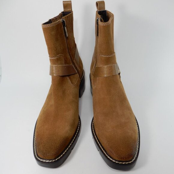 Donald Pliner Mai Moto Boots Size 8 Brown Suede Leather Saddle Harness NEW - Picture 4 of 14